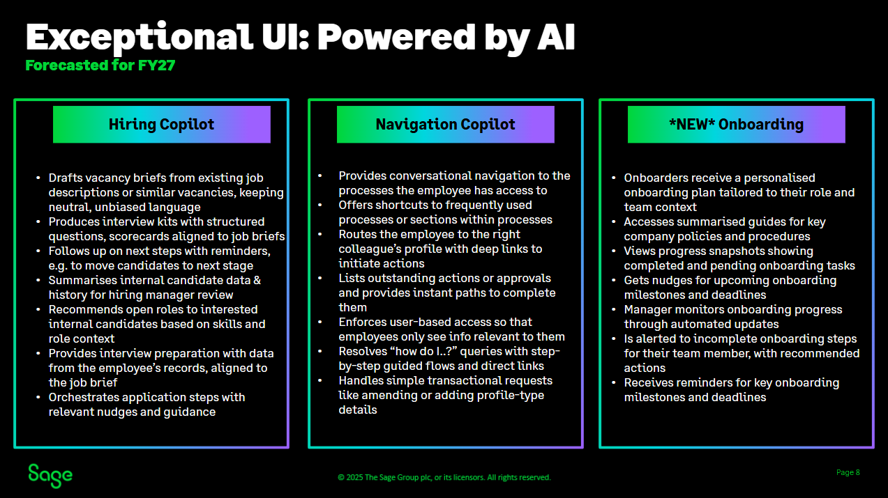 Sage People FY25 product roadmap, slide 8 of 11: Exceptional UI powered by AI.